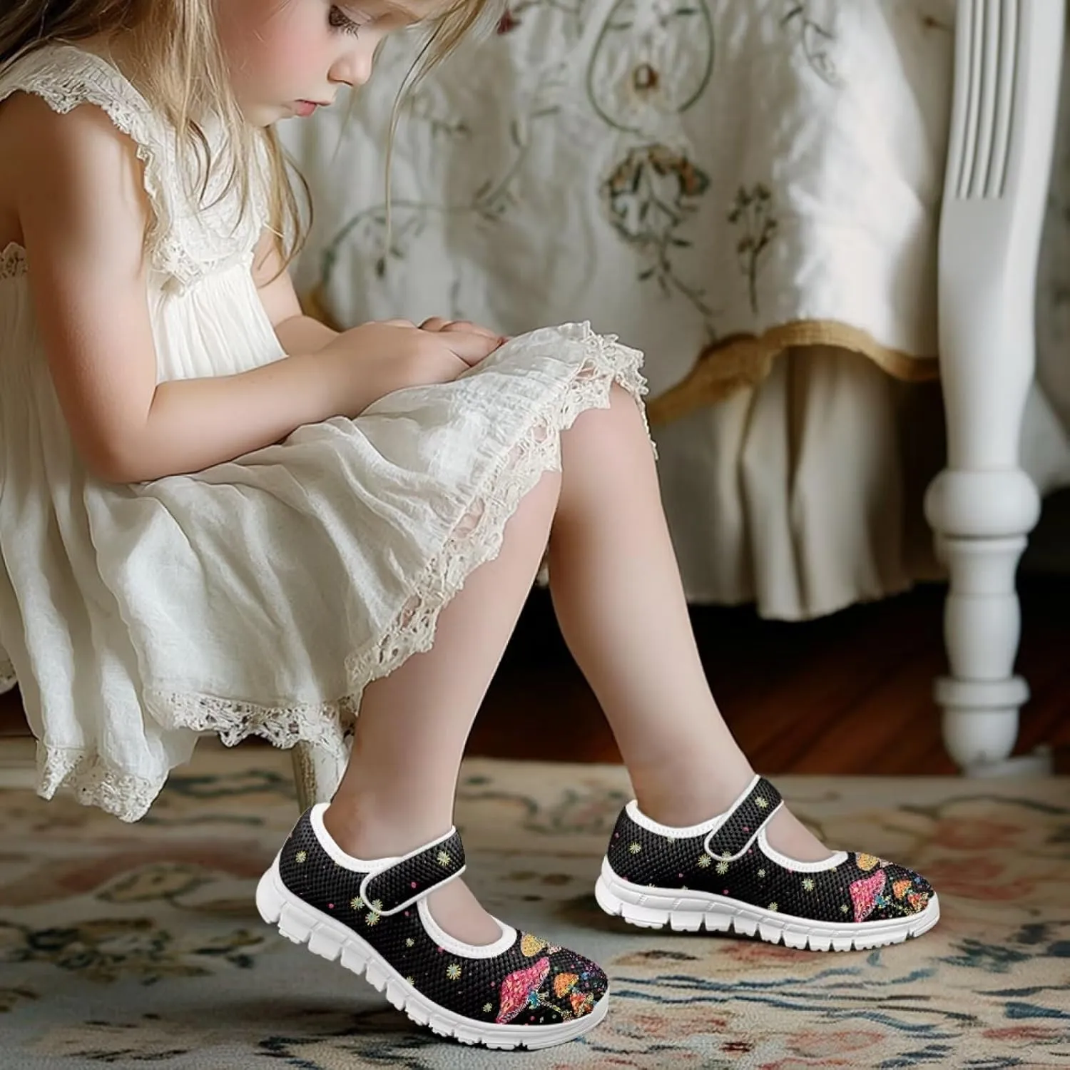 Trippy Mushroom Print Kids Mary Janes Shoes Non Slip Flower Girl Shoes School Sneakers Dress Shoes