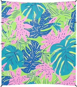 Tropical Colorful Leaves Foldable Beach Canopy UPF50 Easy Setup Sun Shade with Sandbags and Shovel for Backyard, Grassland, Park