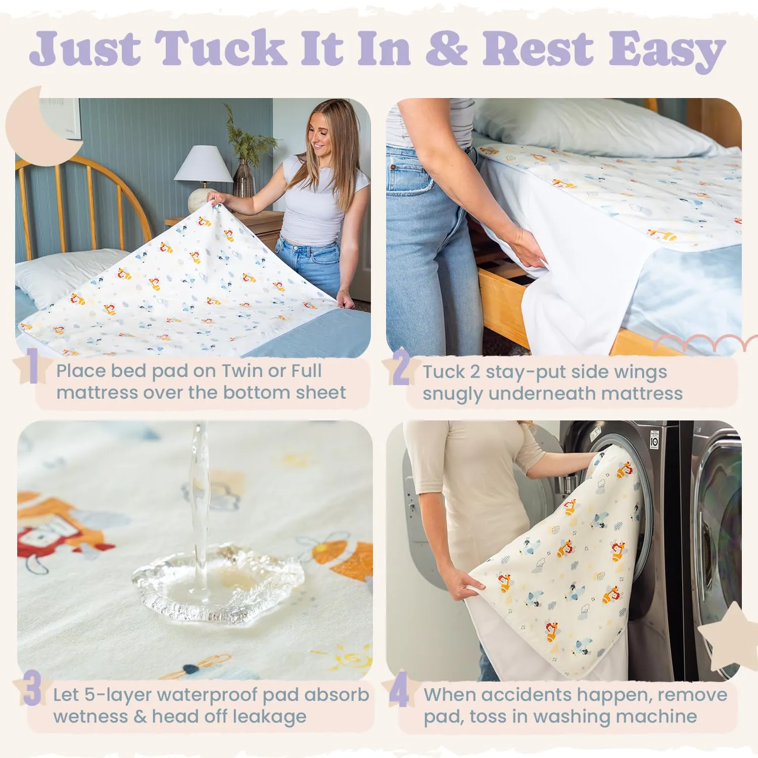 Tuckable Side Bed Wetting Pads Toddlers, Reusable Washable Waterproof Baby Potty Training Mattress Pee Pads Sheet Protector Kids, 5 Absorbent Layers Exclusive No-Slip 39"x 29" Fits Twin Yellow Rabbit