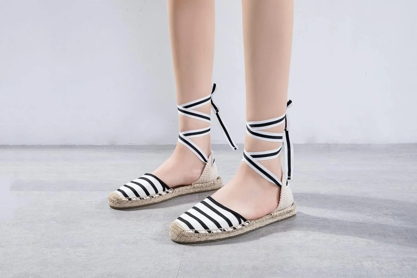 U-lite Women's Espadrille FLat Sandals Closed Toe Ankle Wrap,Classic Lace Up Summer Dressy Flat Shoes