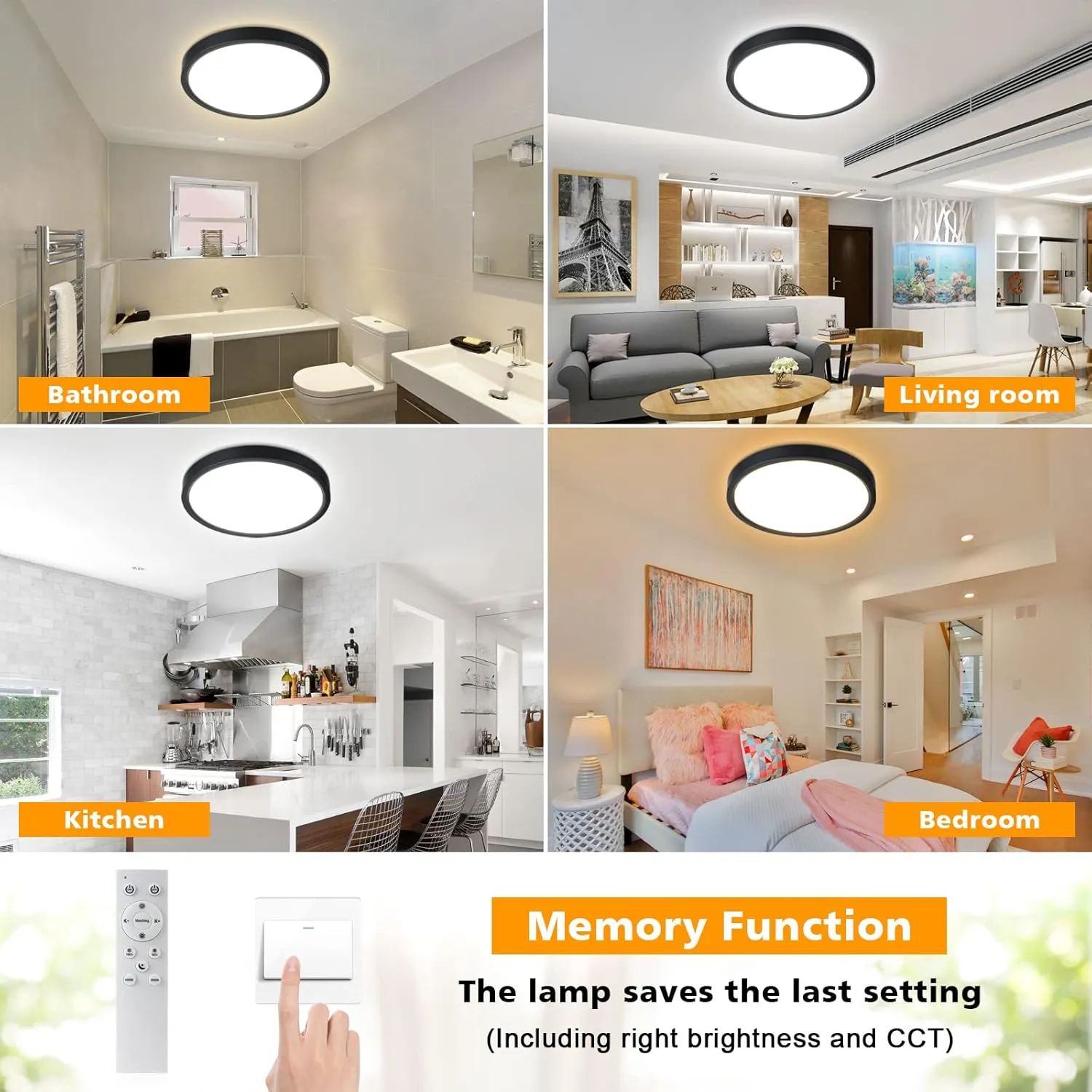 Unicozin Dimmable LED Flush Mount Ceiling Light with Remote Control, 3000K-6000K Color Changing, 12Inch 24W(150W Equiv) 2200LM, Round Flat Ceiling Lamp Black for Bedroom, Living Room, Kitchen,Wired