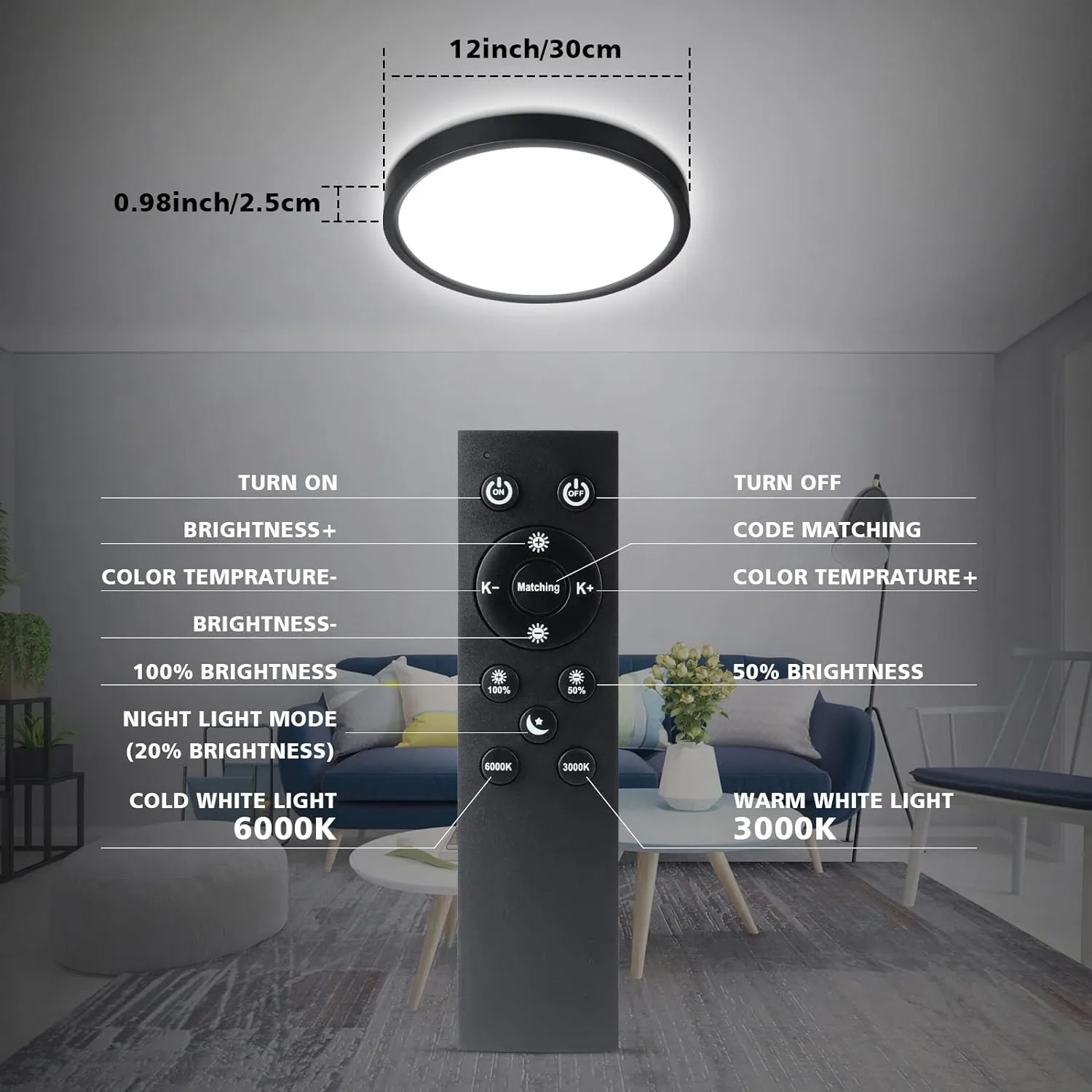 Unicozin Dimmable LED Flush Mount Ceiling Light with Remote Control, 3000K-6000K Color Changing, 12Inch 24W(150W Equiv) 2200LM, Round Flat Ceiling Lamp Black for Bedroom, Living Room, Kitchen,Wired