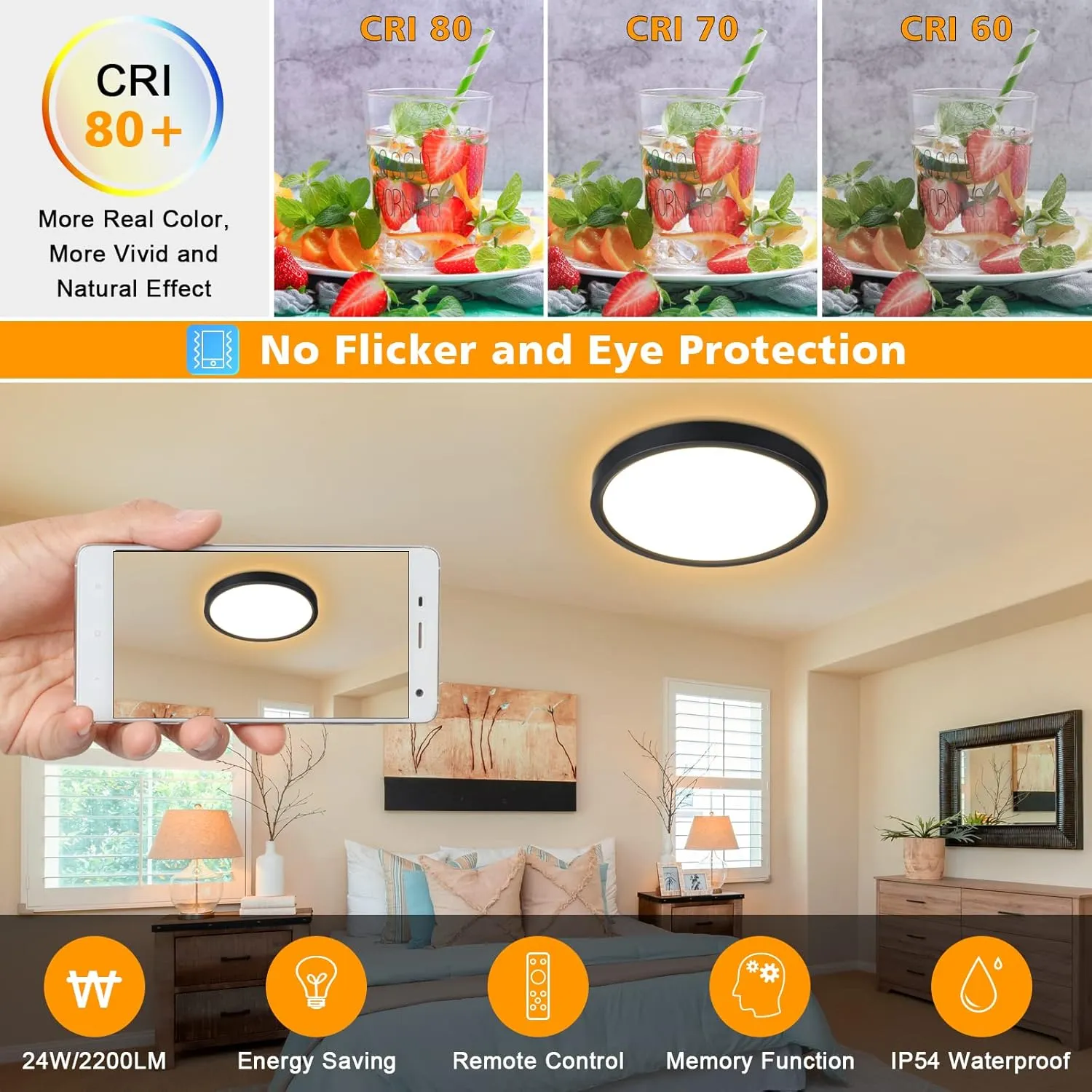 Unicozin Dimmable LED Flush Mount Ceiling Light with Remote Control, 3000K-6000K Color Changing, 12Inch 24W(150W Equiv) 2200LM, Round Flat Ceiling Lamp Black for Bedroom, Living Room, Kitchen,Wired