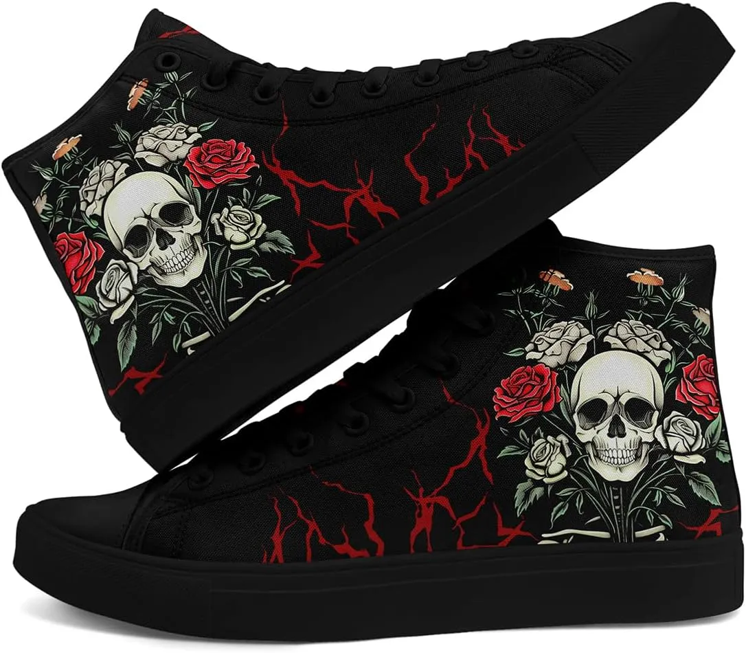 Unisex Skull High Tops for Women Cool Design Black Canvas Shoes Classic Lace Up Fashion Sneakers Streetwear