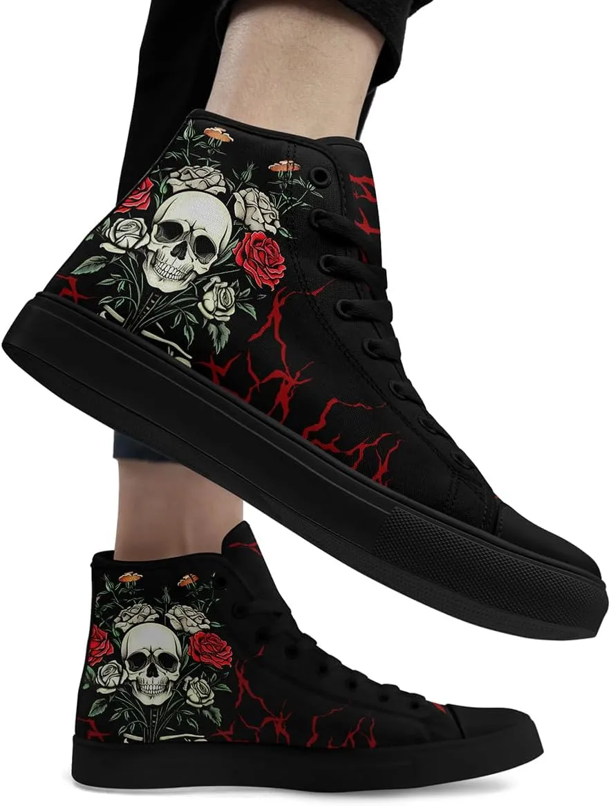 Unisex Skull High Tops for Women Cool Design Black Canvas Shoes Classic Lace Up Fashion Sneakers Streetwear