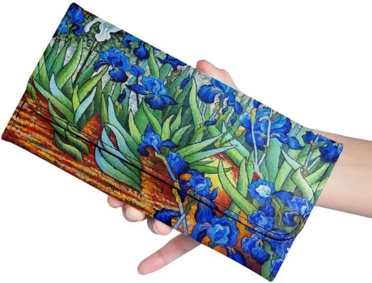 Van Gogh Art PU Leather Trifold Wallet for Women, Painting Irises Clutch Wallet Handcrafted Stitching Ladies Credit Card Holder Zipper Pocket Long Wallet