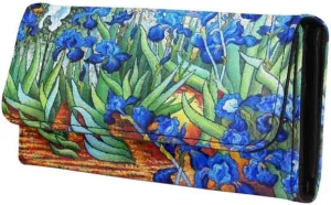 Van Gogh Art PU Leather Trifold Wallet for Women, Painting Irises Clutch Wallet Handcrafted Stitching Ladies Credit Card Holder Zipper Pocket Long Wallet