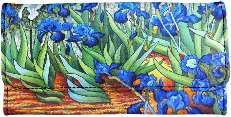 Van Gogh Art PU Leather Trifold Wallet for Women, Painting Irises Clutch Wallet Handcrafted Stitching Ladies Credit Card Holder Zipper Pocket Long Wallet