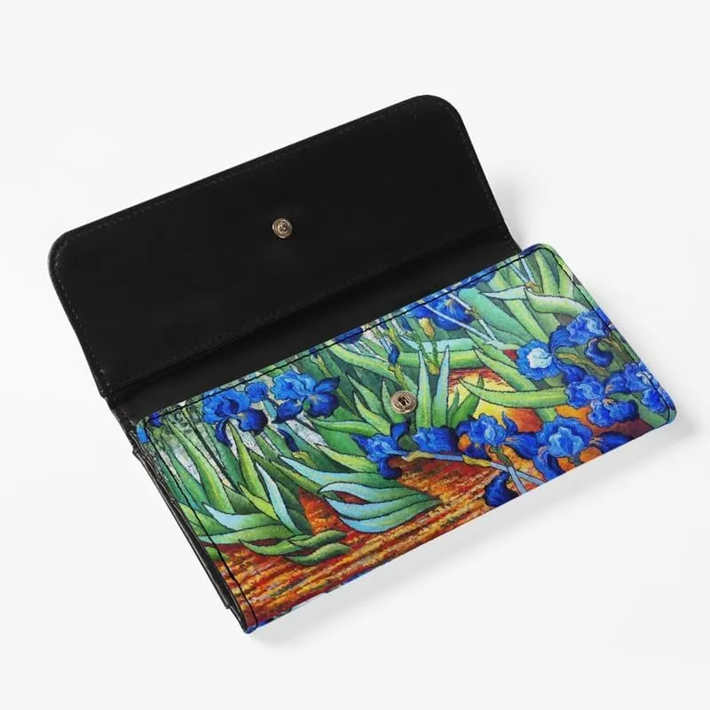 Van Gogh Art PU Leather Trifold Wallet for Women, Painting Irises Clutch Wallet Handcrafted Stitching Ladies Credit Card Holder Zipper Pocket Long Wallet