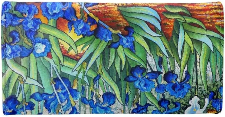 Van Gogh Art PU Leather Trifold Wallet for Women, Painting Irises Clutch Wallet Handcrafted Stitching Ladies Credit Card Holder Zipper Pocket Long Wallet