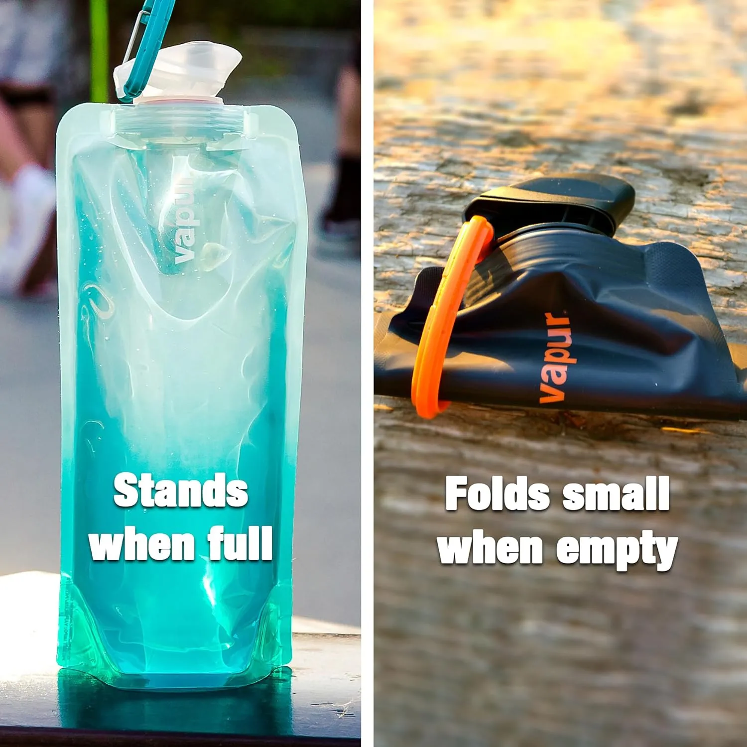 Vapur Collapsible Water Bottle With Carabiner, Compact Bottle Folds Flat For Hydration On The Go, Ideal for Traveling, Hiking or Camping, 23 Ounce, Lavender, Pack of 2