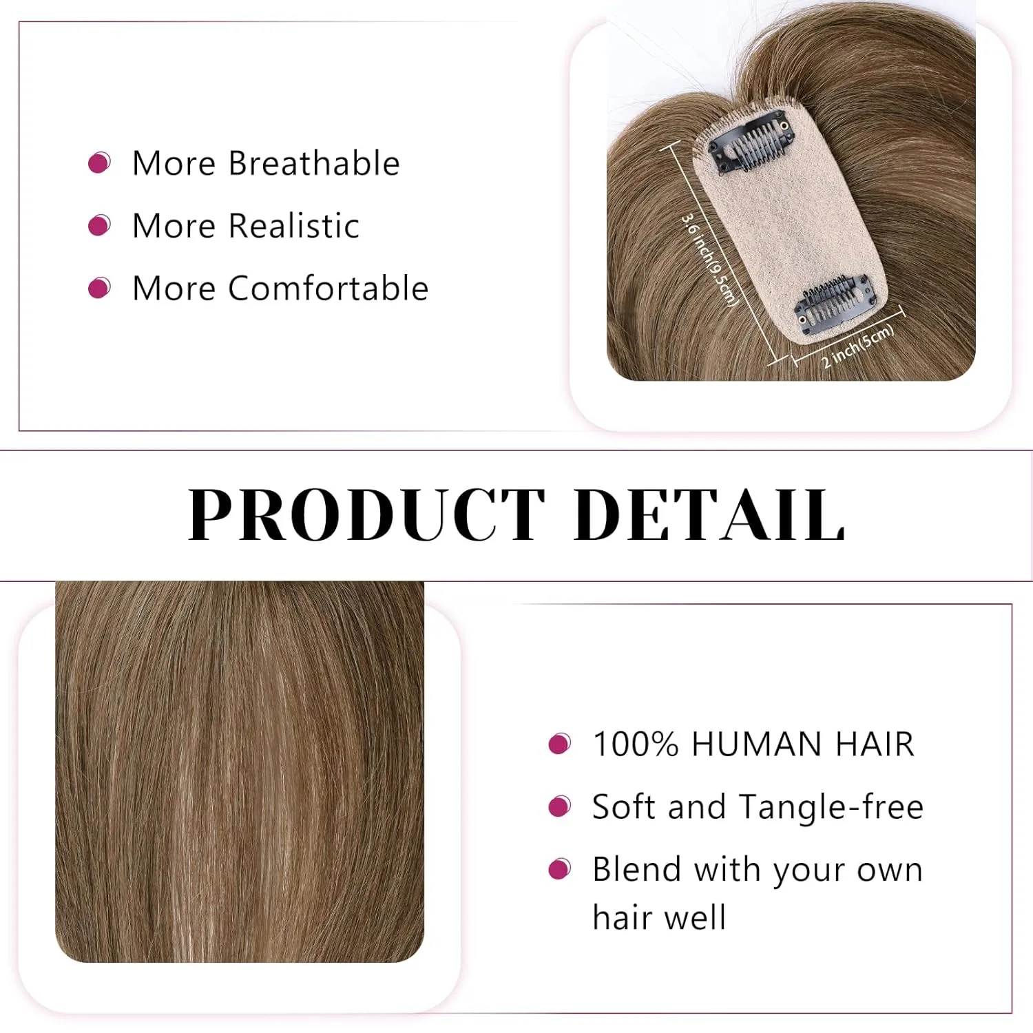VERNA Hair Toppers for Women Real Human Hair 360°3D Cover Bangs Hair Clip,100% Real Human Hair Light Brown Clip in Bangs,Hair pieces for Daily Wear(5 * 9.5)