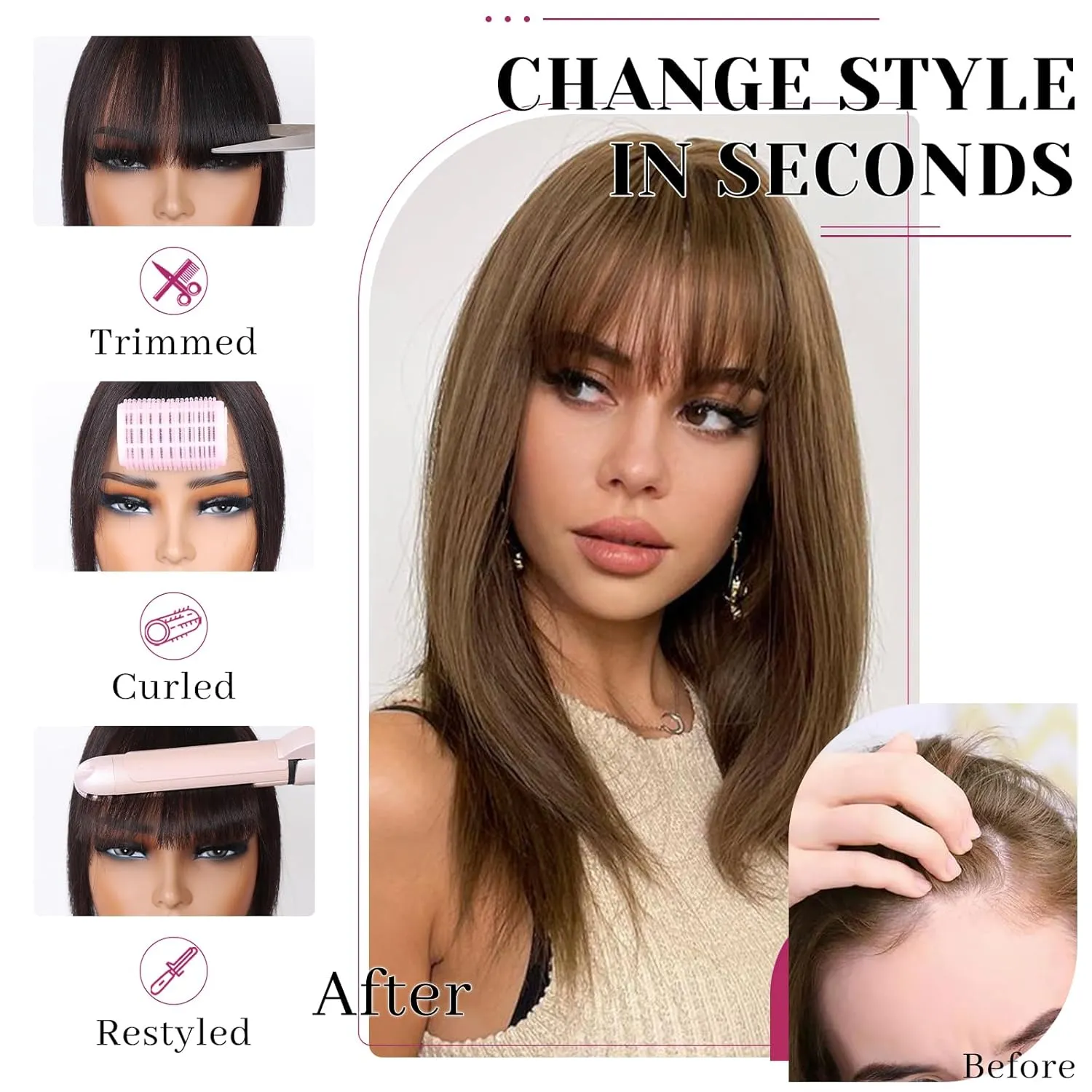 VERNA Hair Toppers for Women Real Human Hair 360°3D Cover Bangs Hair Clip,100% Real Human Hair Light Brown Clip in Bangs,Hair pieces for Daily Wear(5 * 9.5)
