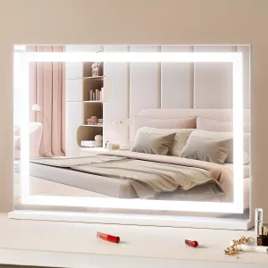 VEVOR Lighted Makeup Mirror, Three Color Lighting Modes Hollywood Vanity Mirror, Makeup LED Mirror w/Lights,5X Magnification,USB Port,Smart Touch Control,Desktop Wall-Mounted (31.5x21.7 in, White)