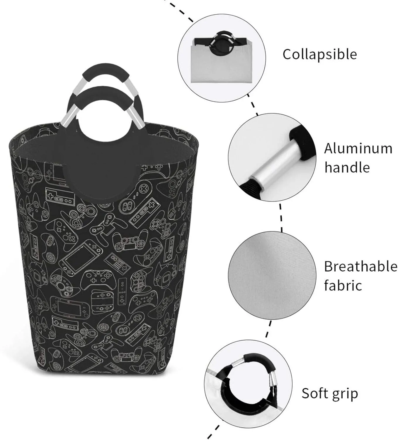 Video Game Controller Black Laundry Basket with Handles Laundry Hamper Toys Storage Organizer Foldable Bucket Washing Bin Dirty Clothes Bag for Home Bathroom Bedroom Dorm