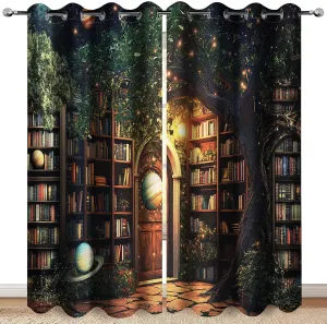 Vintage Bookshelf Galaxy Blackout Curtains Book Bookcase Tree Flowers Planet Starry Sky Star Decor Bedroom Study Classroom Living Room Darkening Grommet Window Drapes 2 Panel Set, 42x63 Inch