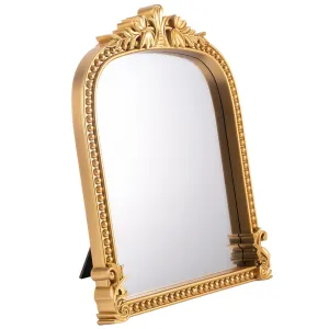 Vintage Vanity Makeup Desk Mirror, Small Gold Arch Antique Decorative Mirror with Stand, Ornate Traditional Chic Baroque for Living Room Bedroom Dresser Tabletop Desktop Decor
