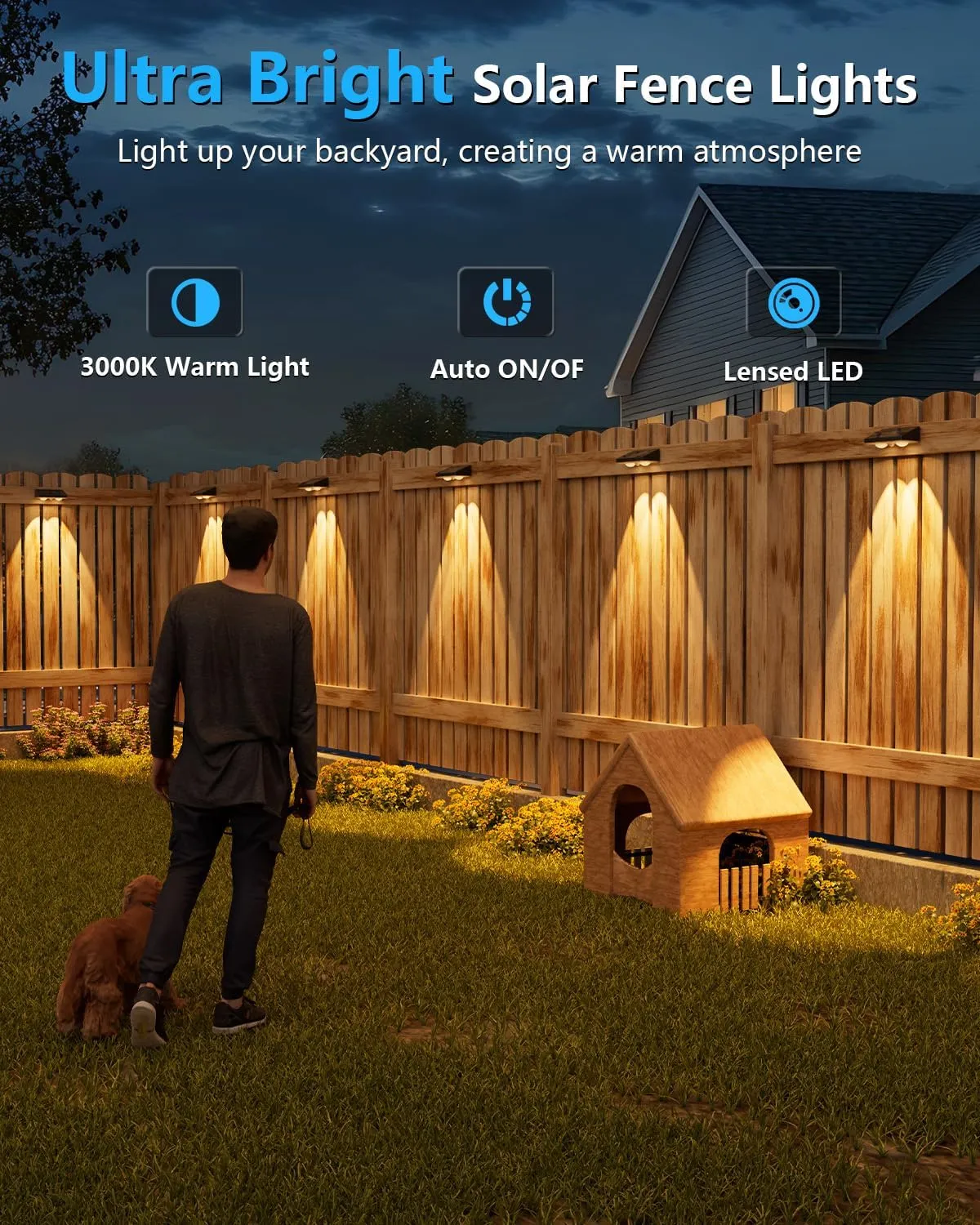 VOLISUN Solar Fence Lights, 8 Pack Solar Powered Fence Lights Outdoor with Warm White LED Spot Lens, IP65 Waterproof Fence Solar Lights Outdoor for Patio, Backyard, Railing, Deck（Black）