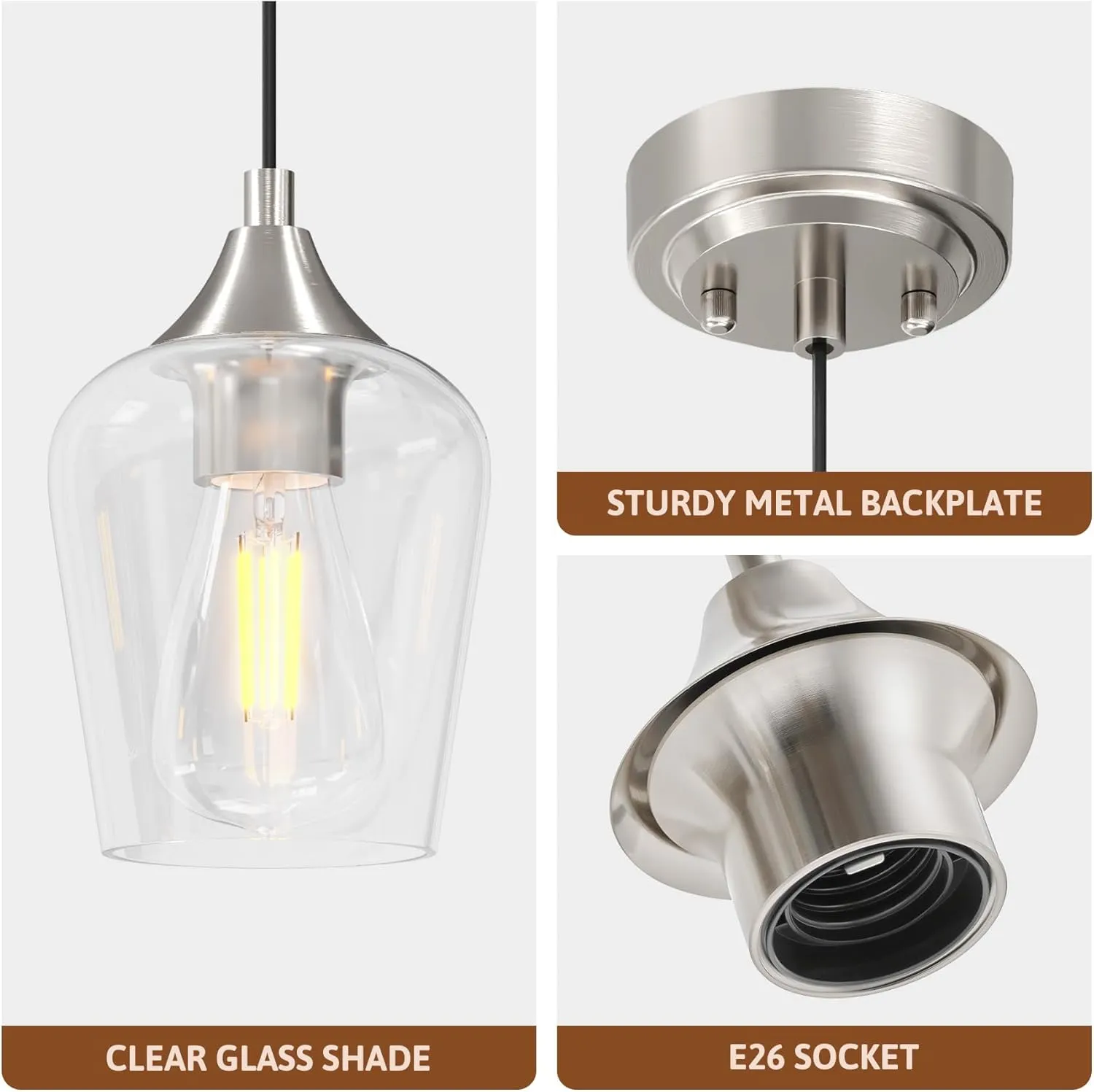 VONLUCE Pendant Light Kitchen Island, Brushed Nickel Pendant Light Fixture with E26 Base & Adjustable Cable, Modern Pendant Lighting with Glass Shade for Living Room Bedroom Hallway