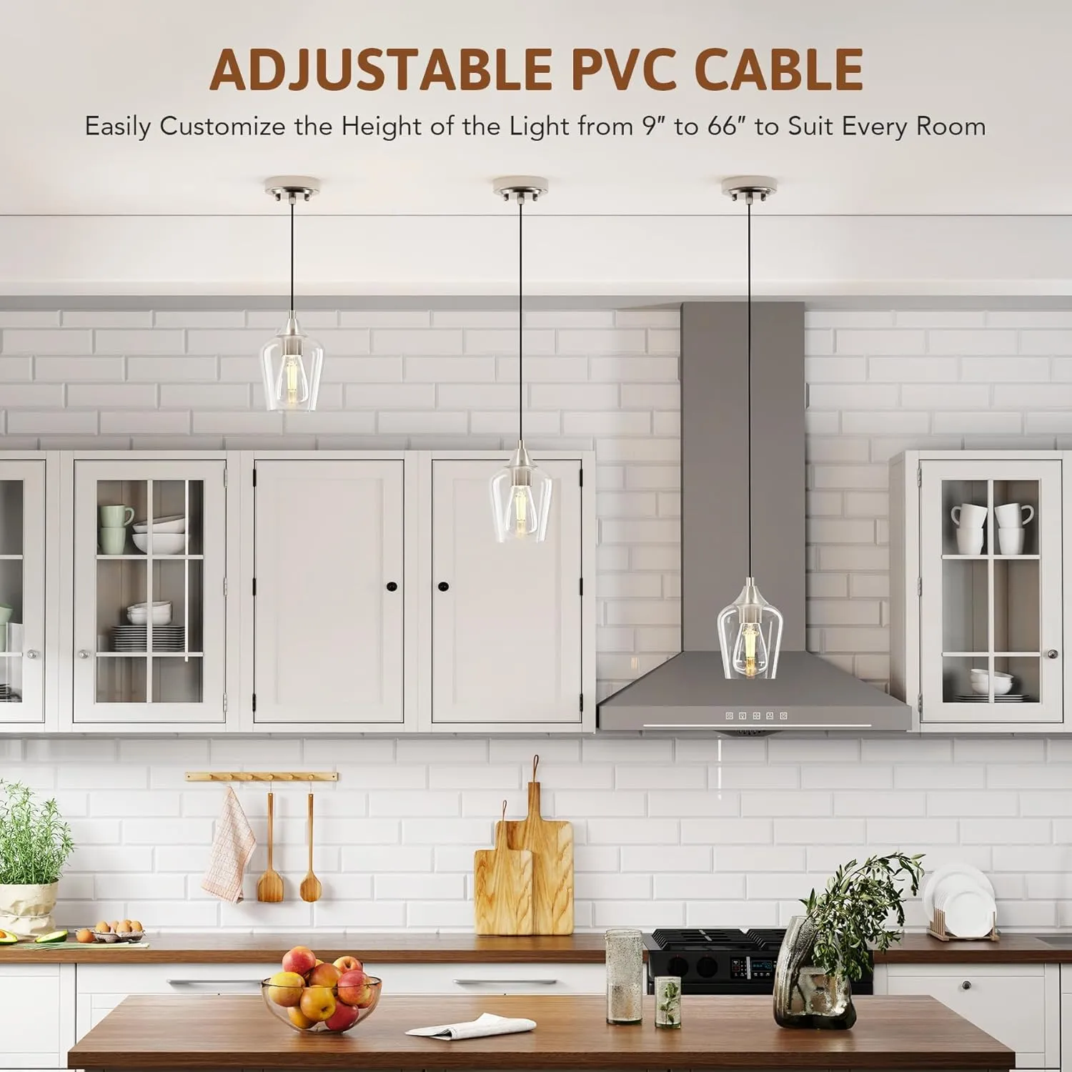 VONLUCE Pendant Light Kitchen Island, Brushed Nickel Pendant Light Fixture with E26 Base & Adjustable Cable, Modern Pendant Lighting with Glass Shade for Living Room Bedroom Hallway