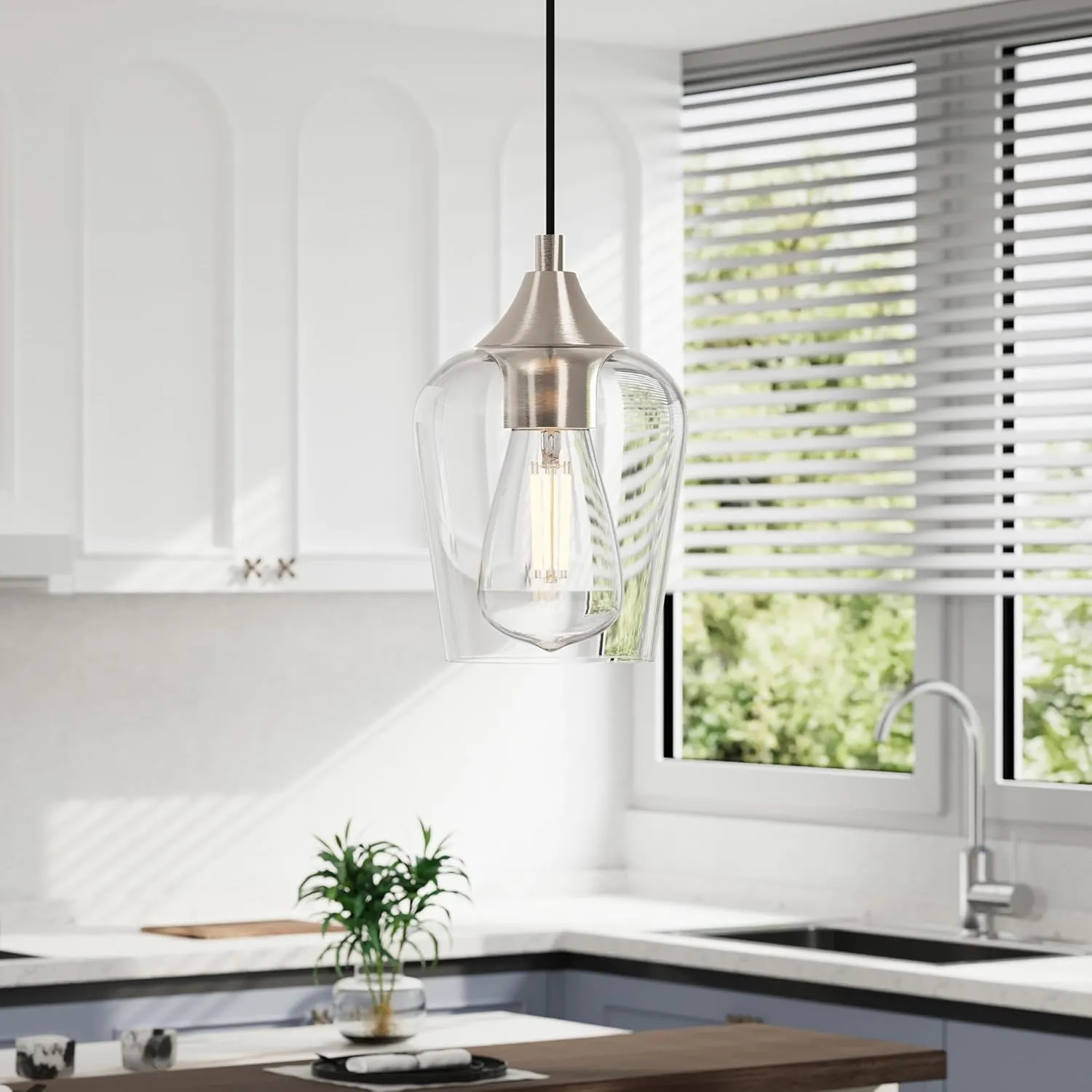 VONLUCE Pendant Light Kitchen Island, Brushed Nickel Pendant Light Fixture with E26 Base & Adjustable Cable, Modern Pendant Lighting with Glass Shade for Living Room Bedroom Hallway