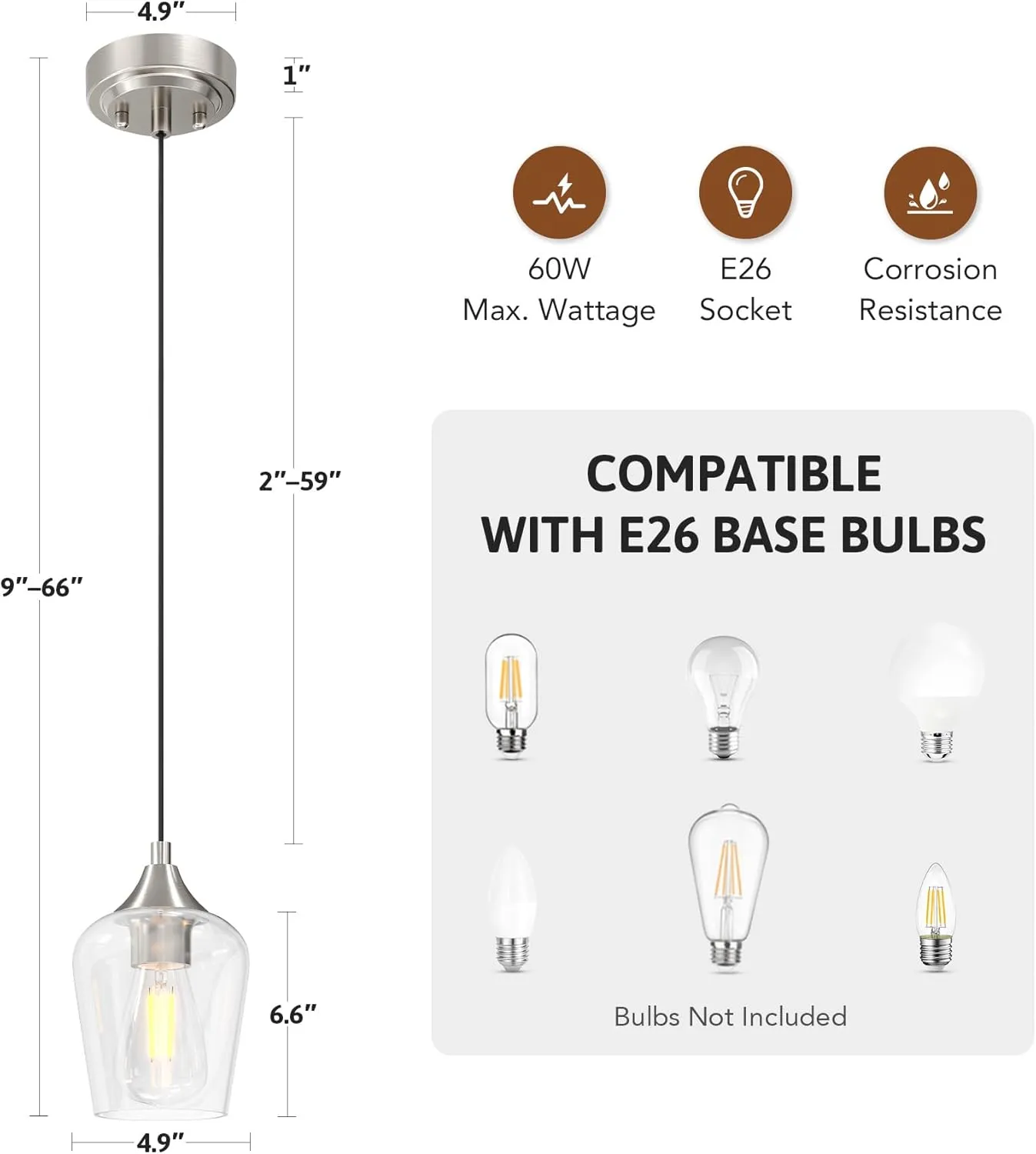 VONLUCE Pendant Light Kitchen Island, Brushed Nickel Pendant Light Fixture with E26 Base & Adjustable Cable, Modern Pendant Lighting with Glass Shade for Living Room Bedroom Hallway