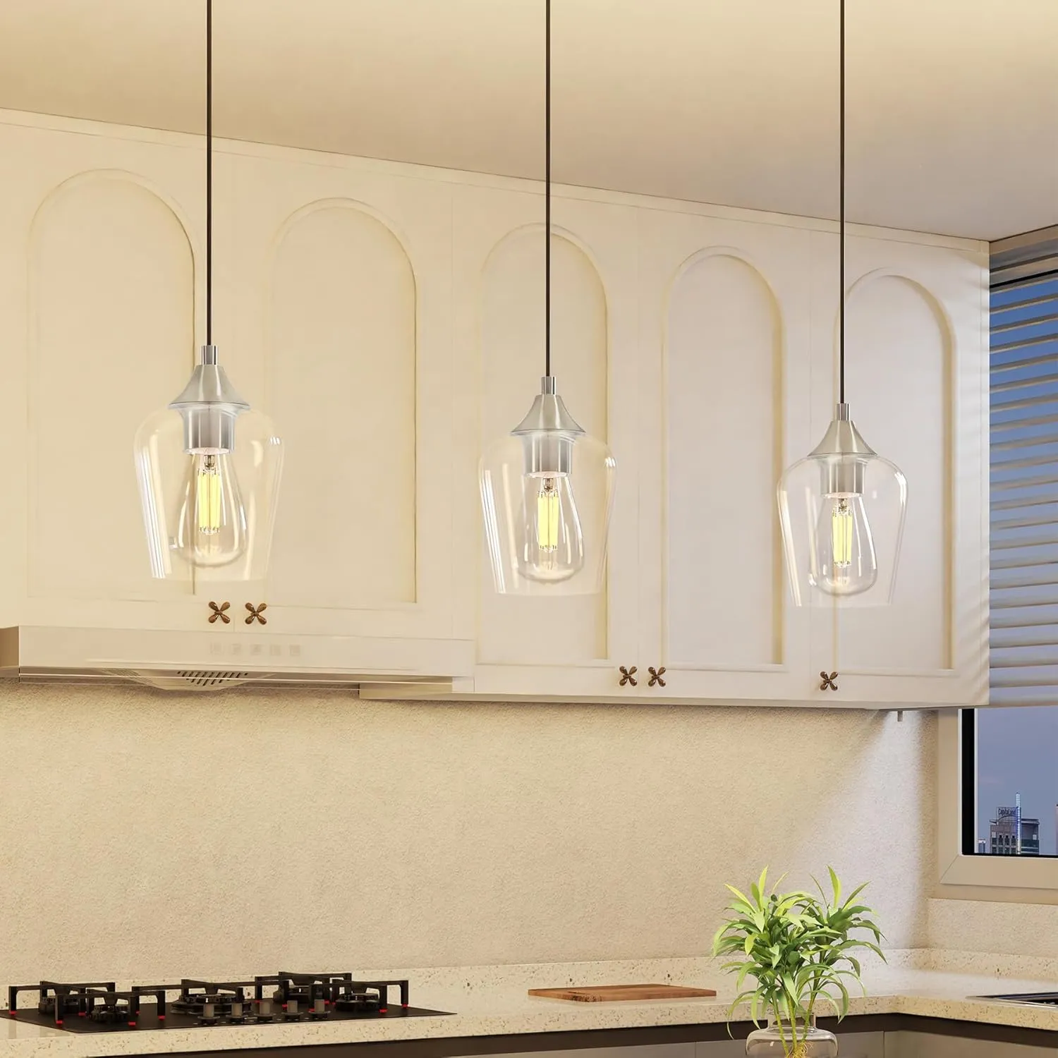 VONLUCE Pendant Light Kitchen Island, Brushed Nickel Pendant Light Fixture with E26 Base & Adjustable Cable, Modern Pendant Lighting with Glass Shade for Living Room Bedroom Hallway