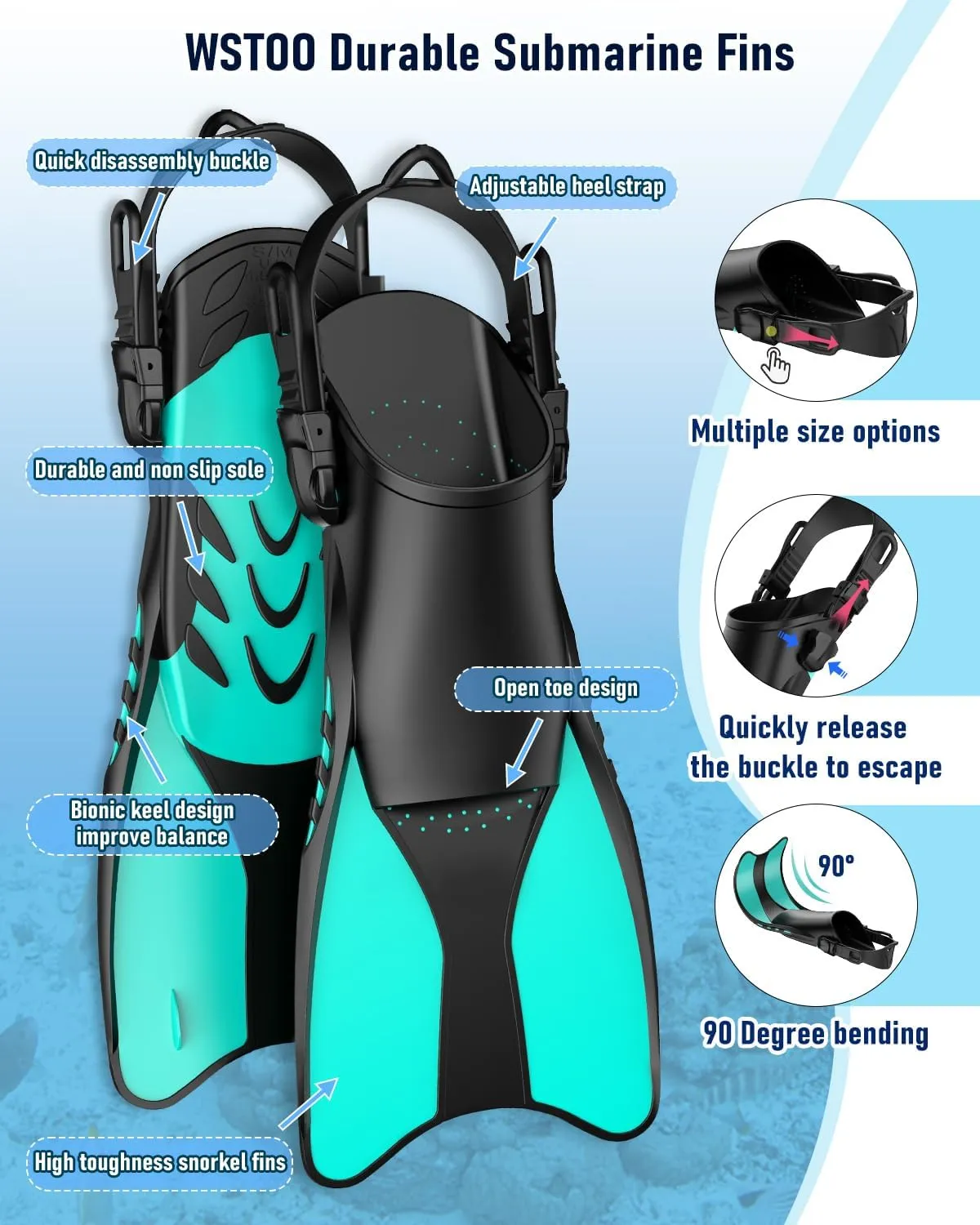 W WSTOO Mask Fins Snorkel Set,Snorkeling Gear for Adults,Full Face Snorkel Mask & Adjustable Swim Fins,Dry Top System Anti-Fog Anti-Leak