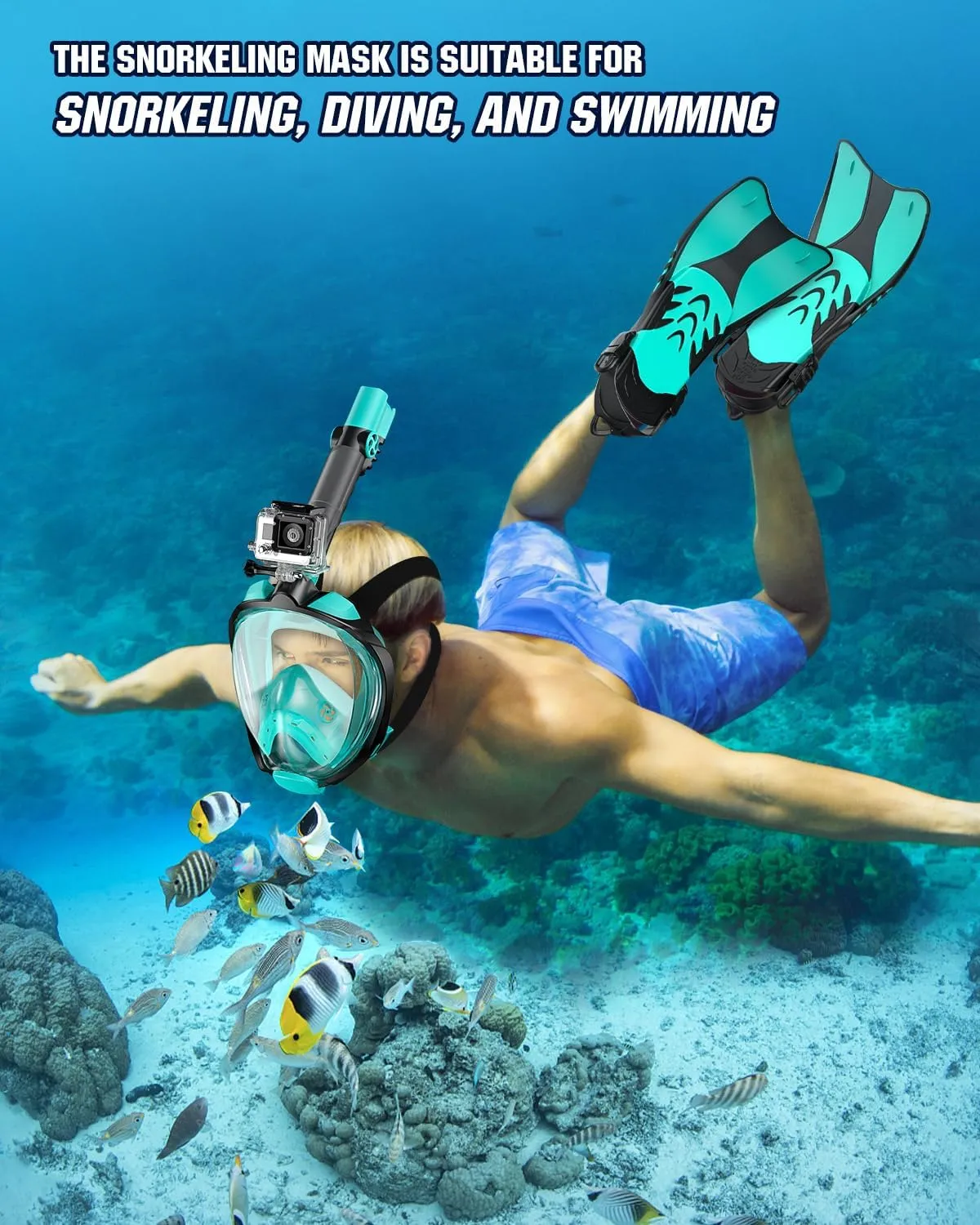 W WSTOO Mask Fins Snorkel Set,Snorkeling Gear for Adults,Full Face Snorkel Mask & Adjustable Swim Fins,Dry Top System Anti-Fog Anti-Leak
