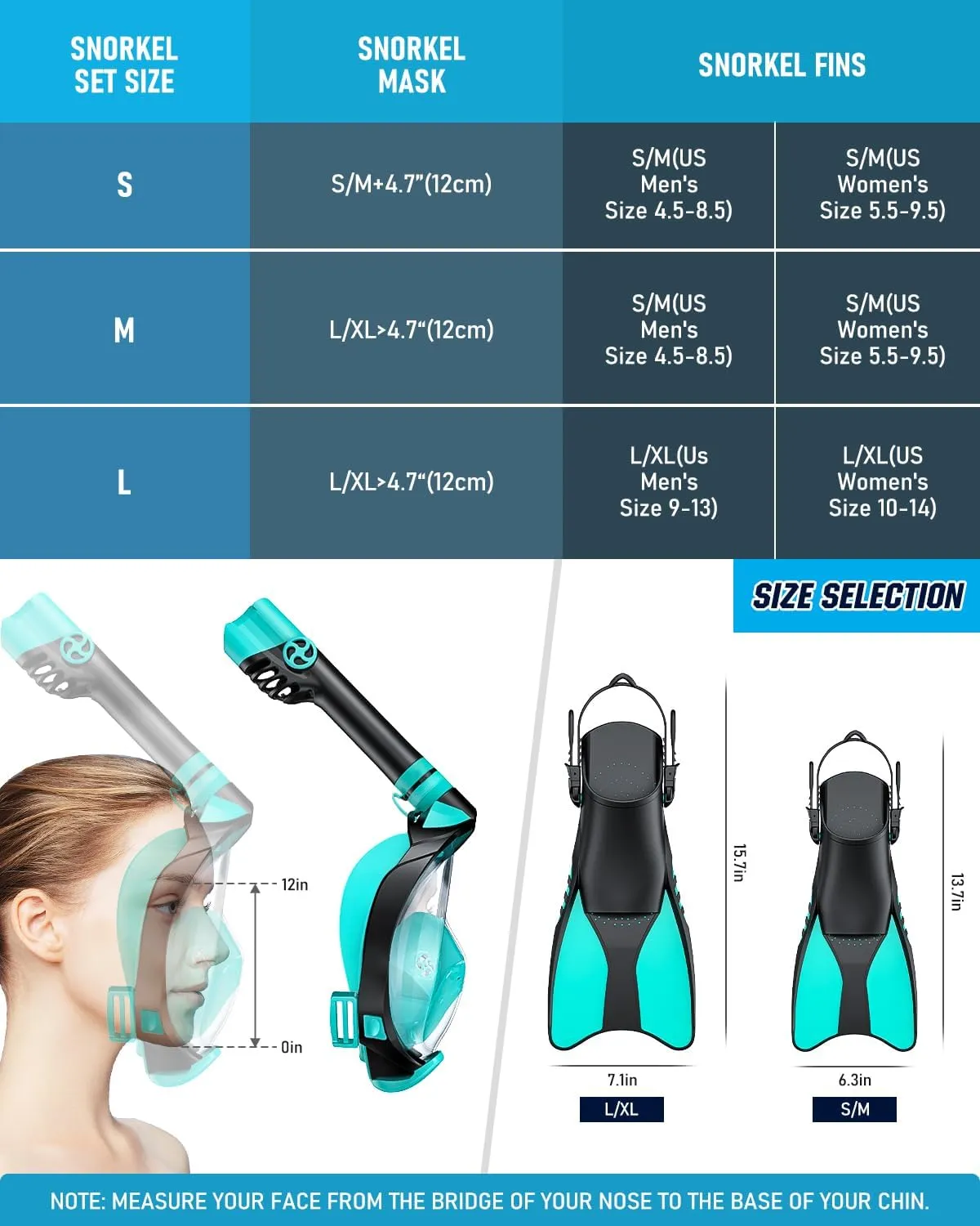 W WSTOO Mask Fins Snorkel Set,Snorkeling Gear for Adults,Full Face Snorkel Mask & Adjustable Swim Fins,Dry Top System Anti-Fog Anti-Leak