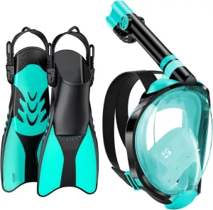 W WSTOO Mask Fins Snorkel Set,Snorkeling Gear for Adults,Full Face Snorkel Mask & Adjustable Swim Fins,Dry Top System Anti-Fog Anti-Leak