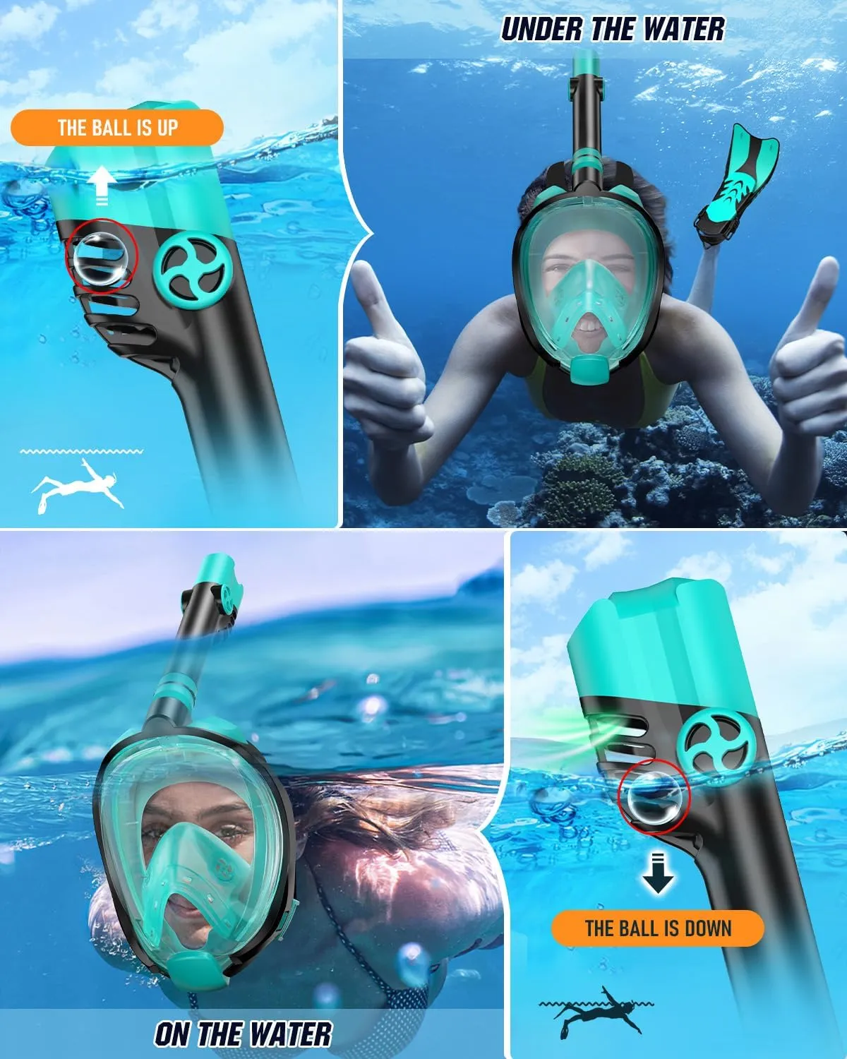 W WSTOO Mask Fins Snorkel Set,Snorkeling Gear for Adults,Full Face Snorkel Mask & Adjustable Swim Fins,Dry Top System Anti-Fog Anti-Leak