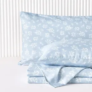 Wake In Cloud - Shabby Chic Bed Sheets, 4-Piece Sheet Set, Floral Flower Rose Pattern Printed Coquette Cottagecore Vintage Aesthetic Bedding, Deep Pocket, Light Blue, Queen Size