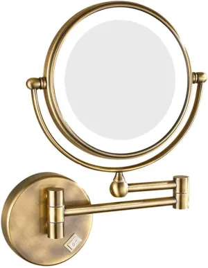 Wall Mounted Makeup Mirror with LED Lighted, Makeup Mirror with Magnification, 360 Degree Swivel, Two-Sided Extendable, No Need to Punch Holes to Install, for Bathroom(Antique Color,7X)