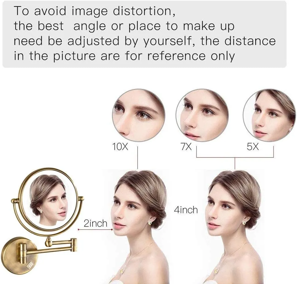Wall Mounted Makeup Mirror with LED Lighted, Makeup Mirror with Magnification, 360 Degree Swivel, Two-Sided Extendable, No Need to Punch Holes to Install, for Bathroom(Antique Color,7X)