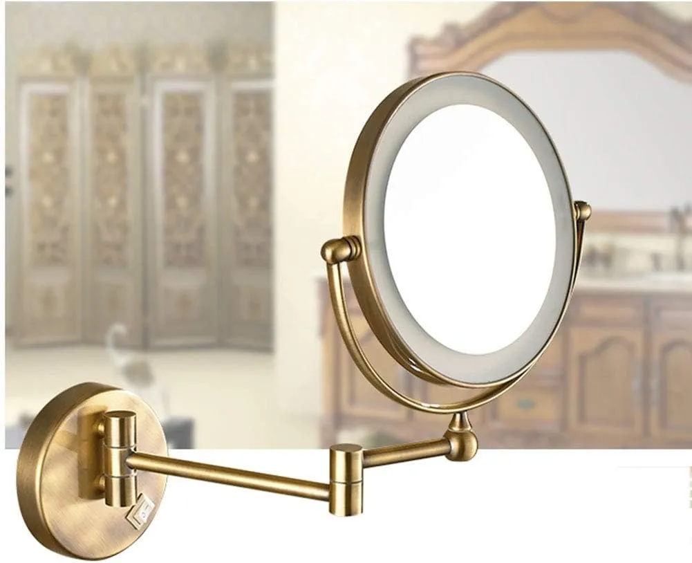 Wall Mounted Makeup Mirror with LED Lighted, Makeup Mirror with Magnification, 360 Degree Swivel, Two-Sided Extendable, No Need to Punch Holes to Install, for Bathroom(Antique Color,7X)