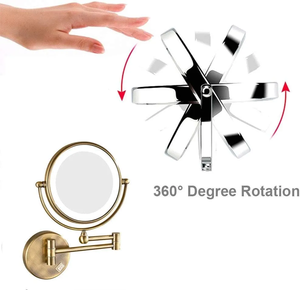 Wall Mounted Makeup Mirror with LED Lighted, Makeup Mirror with Magnification, 360 Degree Swivel, Two-Sided Extendable, No Need to Punch Holes to Install, for Bathroom(Antique Color,7X)