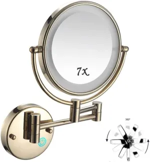 Wall Mounted Makeup Mirror with Lights, 7X Magnification, 8 Inch Double-Sided Vanity Mirror, 360° Swivel, Extendable Arm for Bathroom, Makeup, and Facial Care