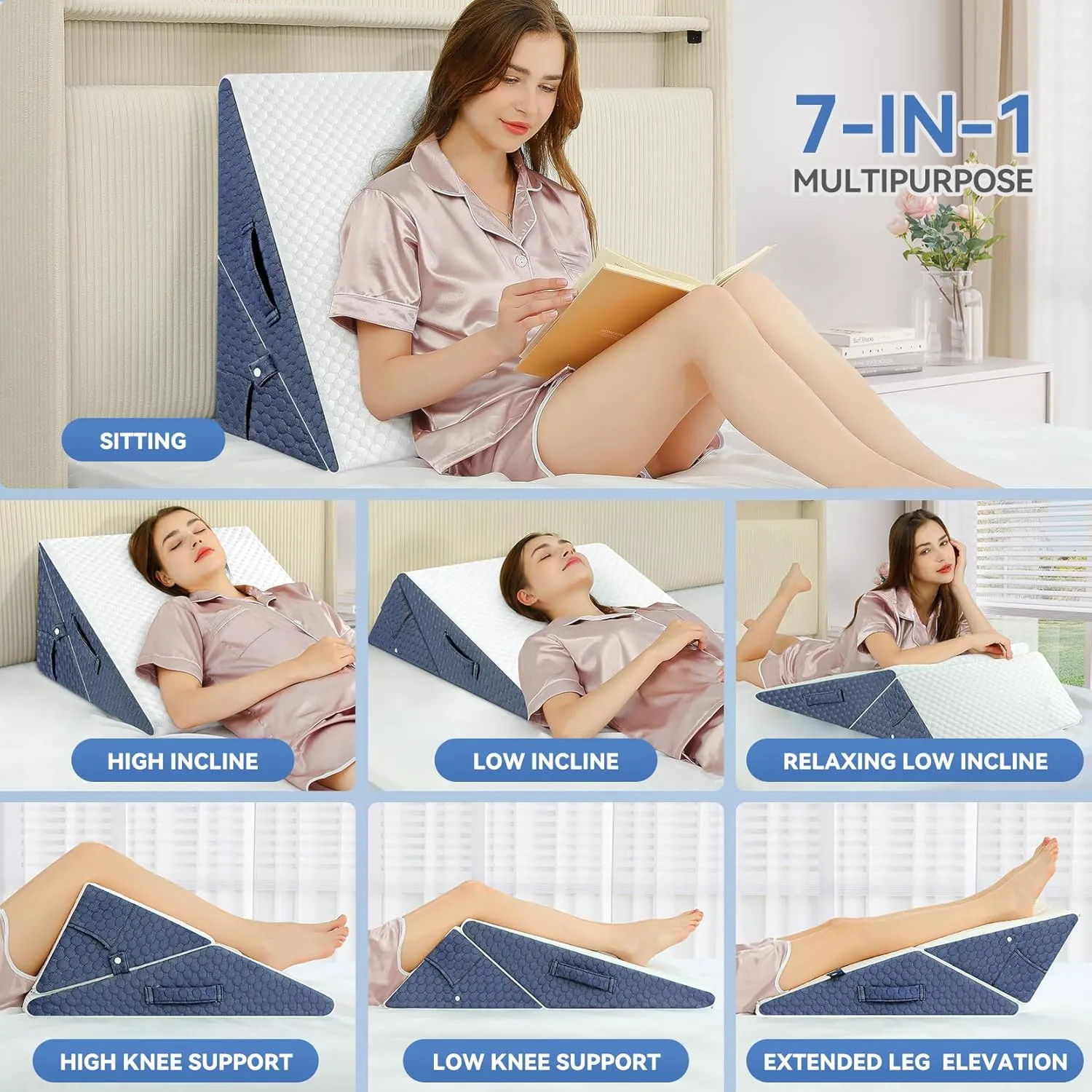 Wedge Pillow with Memory Foam Top, 9 & 12 Inch Bed Wedge for Acid Reflux, Back Pain, Heartburn, 7 in 1 Cooling-Gel Pillow Wedge for After Surgery, Adjustable Elevated Pillows for Sleeping, GERD