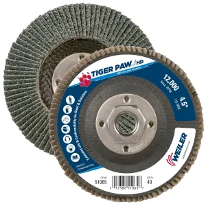 Weiler 51065 4-1/2" Tiger Paw Super High Density Flap Disc, Conical (TY29), Phenolic Backing, 40Z, 5/8"-11 UNC Nut (Pack of 10)