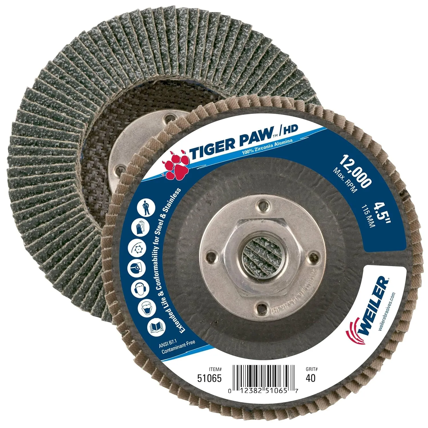 Weiler 51065 4-1/2" Tiger Paw Super High Density Flap Disc, Conical (TY29), Phenolic Backing, 40Z, 5/8"-11 UNC Nut (Pack of 10)