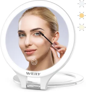 WEILY Magnifying Mirror with Light, 10X/1X Magnification Double-Sided Travel Makeup Mirror, with 3 Color Lights, Touch Control, Rechargeable Portable Mirror for Bedroom, Bathroom (White)