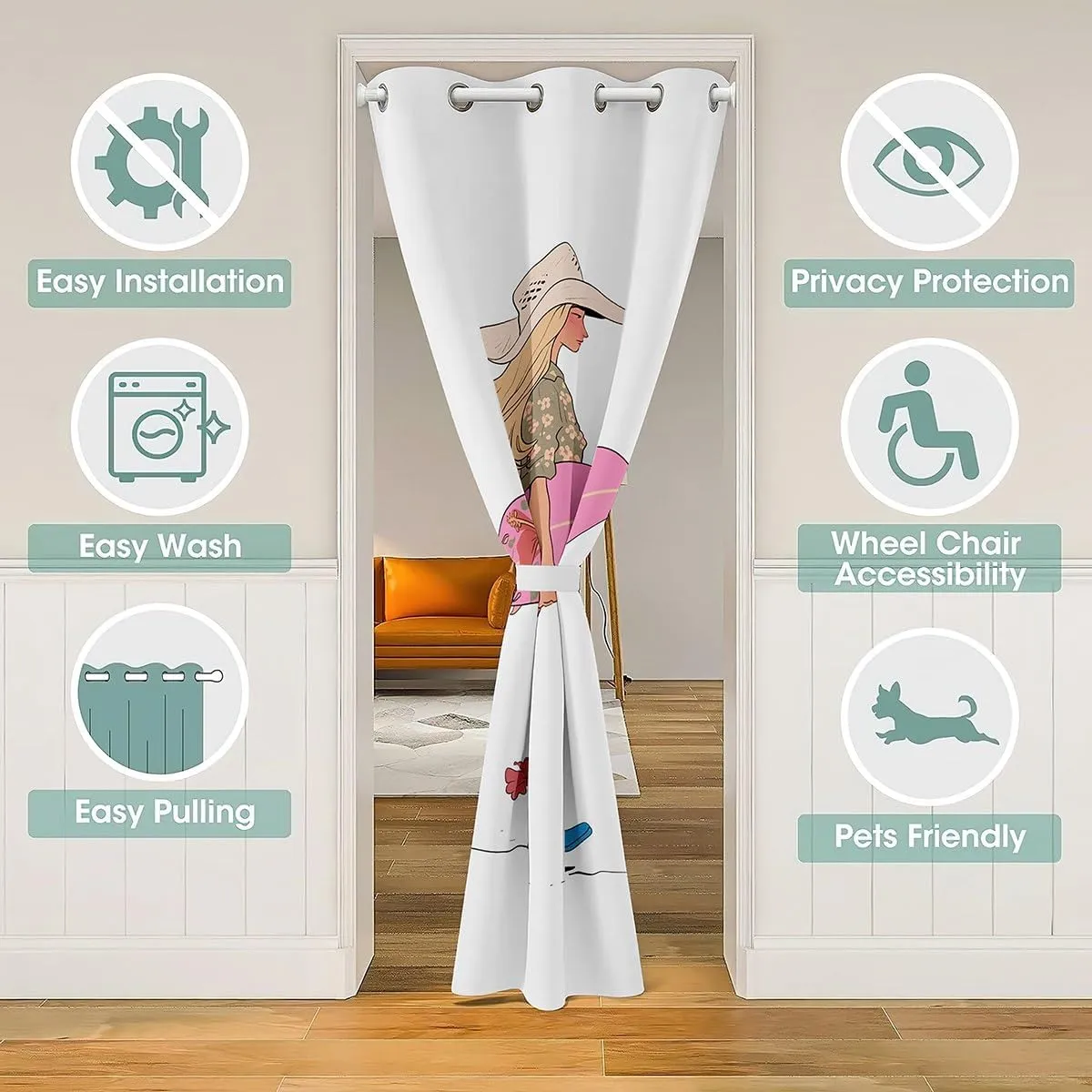 Western Cowgirl Door Curtain,Cowgirl Boots Surfboard Summer Beach Blackout Curtain for Bedroom Doorway Living Room,Flowers Rustic Lake House Cabin Pink Chic Privacy Door Drape 1 Panel,52" W X 84" L