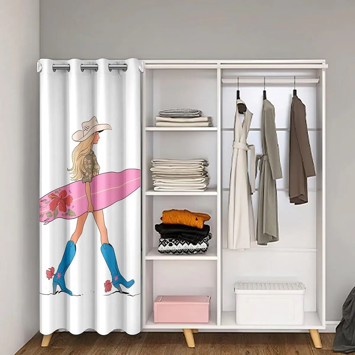 Western Cowgirl Door Curtain,Cowgirl Boots Surfboard Summer Beach Blackout Curtain for Bedroom Doorway Living Room,Flowers Rustic Lake House Cabin Pink Chic Privacy Door Drape 1 Panel,52" W X 84" L