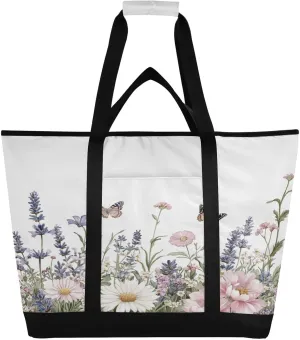 Wildflower Butterfly Reusable Insulated Lunchbox Cooler Bag, Leakproof Kitchen Grocery Bag Collapsible Portable Cooler Tote Bag for Picnic, Camping, Office, Travel