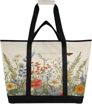 Wildflowers Butterfly Reusable Insulated Lunchbox Cooler Bag, Leakproof Kitchen Grocery Bag Collapsible Portable Cooler Tote Bag for Picnic, Camping, Office, Travel