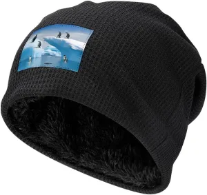 Winter Beanie for Men Women Plush Black,Penguins On The Iceberg Printed Winter Cap Polyester Warm Cuffed Beanie Hat