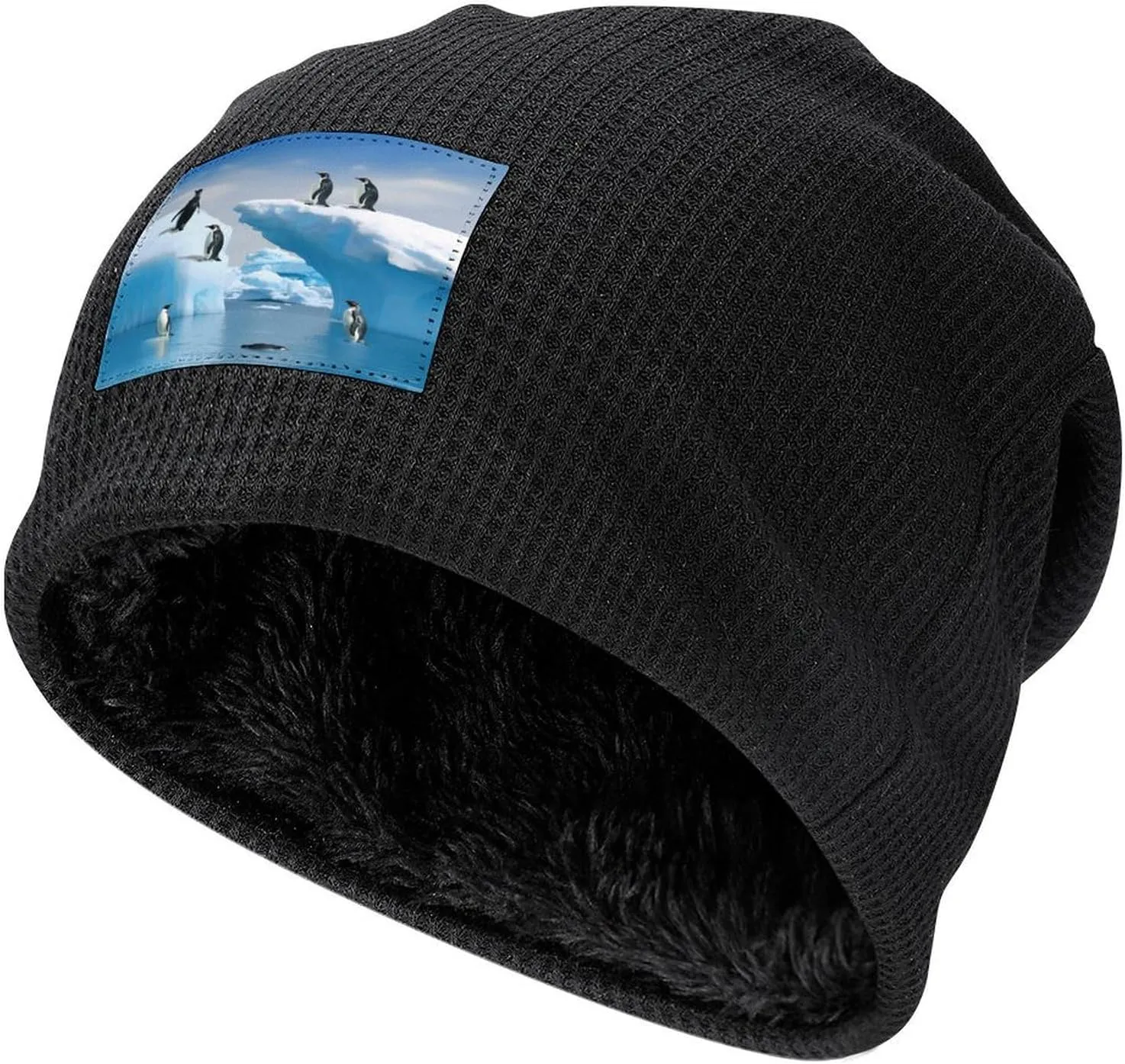 Winter Beanie for Men Women Plush Black,Penguins On The Iceberg Printed Winter Cap Polyester Warm Cuffed Beanie Hat