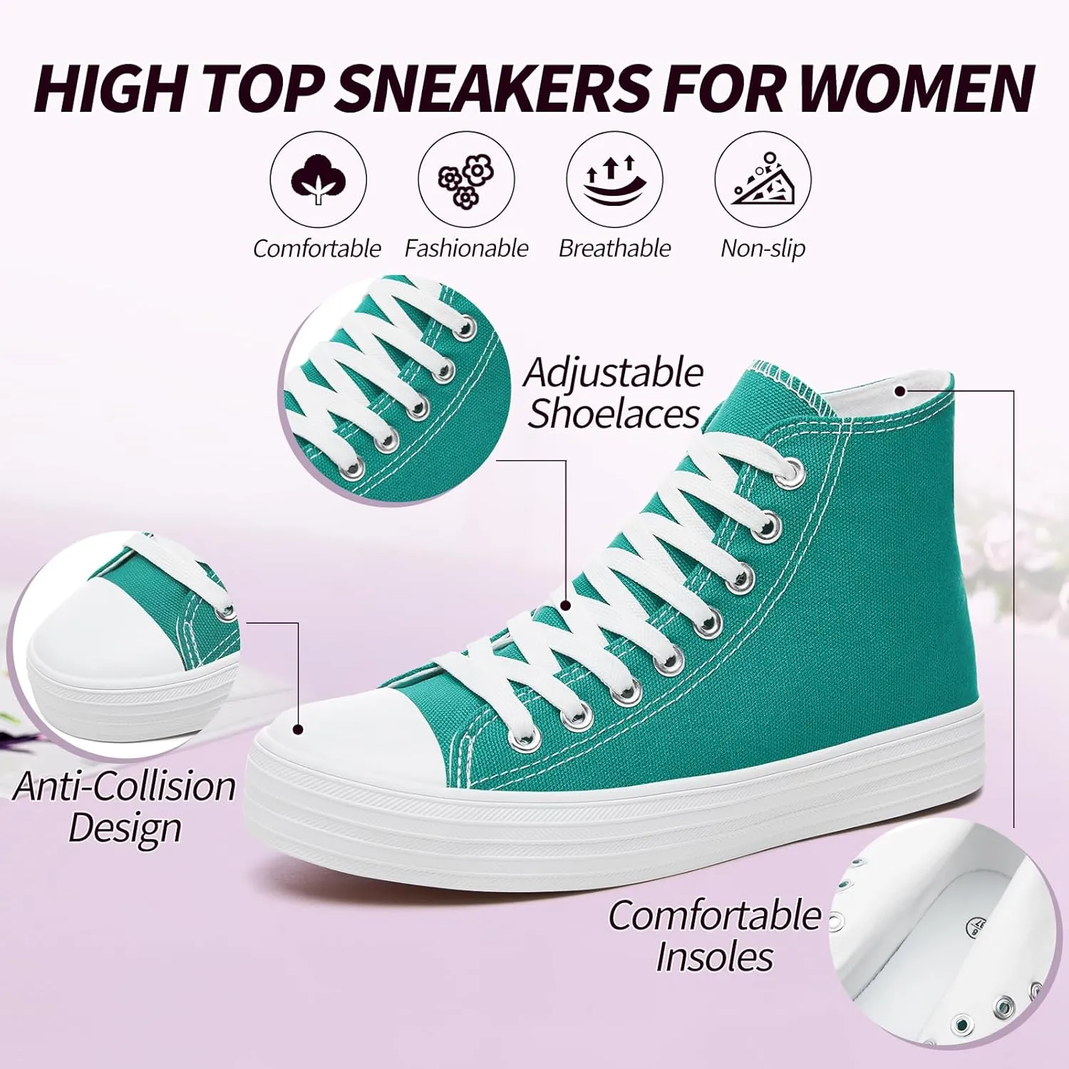 Witwatia Women's High Top Canvas Shoes Black White Fashion Sneakers for Women Comfortable Lace Up Walking Shoes