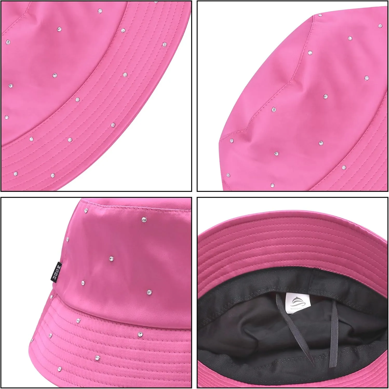 Women Bling Bucket Hat Silky Satin Shiny Rhinestone Bucket Sun Hat Packable Summer Outdoor Fishing Caps for Travel Beach